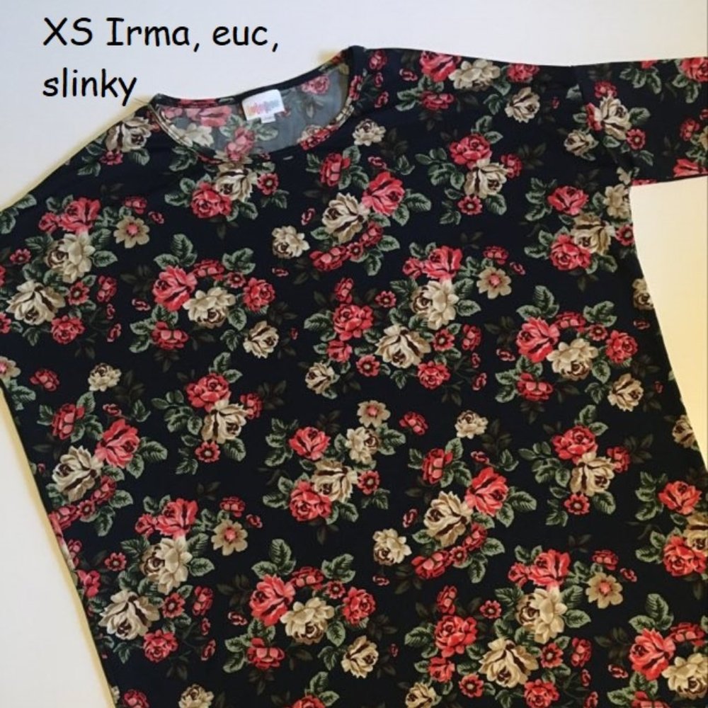 XS Lularoe Irma tunic top, navy with roses, slinky